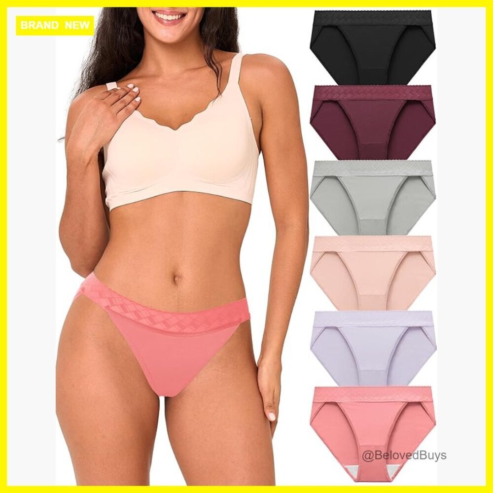 High Cut Bikini Panties 6-Pack, Bamboo Viscose, Moisture Wicking, Lace Waist
